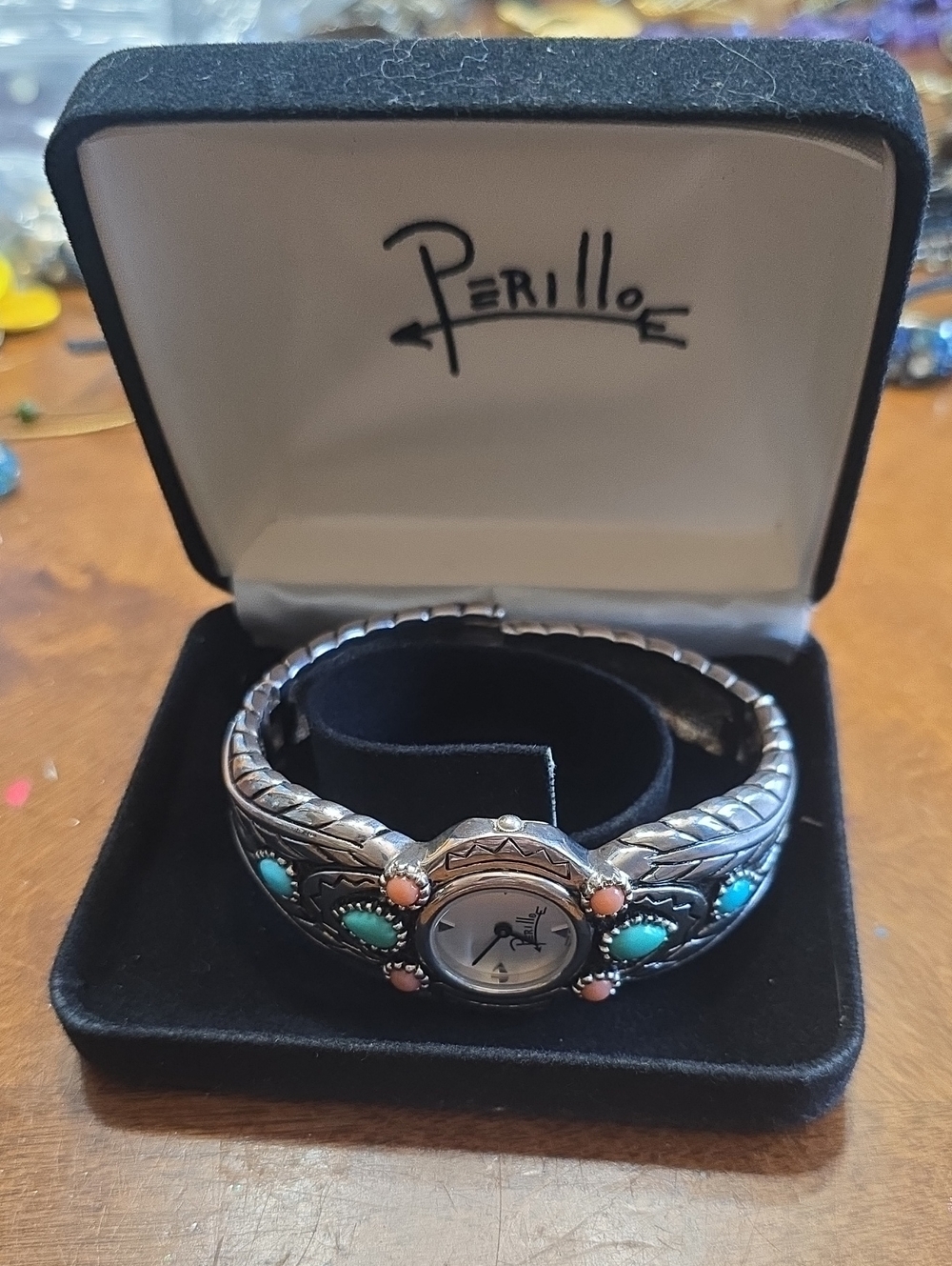 Silver-Tone Turquoise & Coral Cuff Watch - Needs Battery